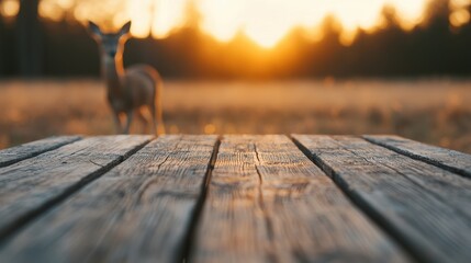 Poster - Wooden table in forest at sunset with blurred deer in background