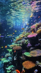 Poster - Vibrant coral reef teeming with diverse marine life in a tranquil underwater habitat