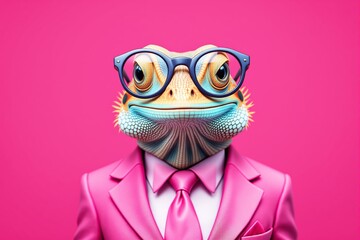 Wall Mural - Stylish lizard wearing glasses and a pink suit on a vibrant pink background.