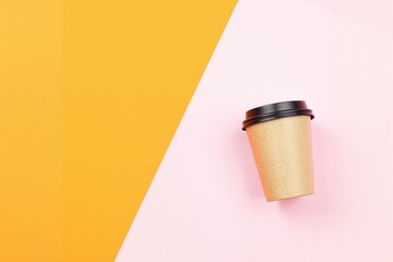 Poster - Coffee cup on a pastel pink and yellow background.