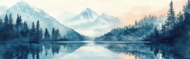 Poster - Serene watercolor landscape with mountains and calm lake reflecting nature's beauty at sunrise