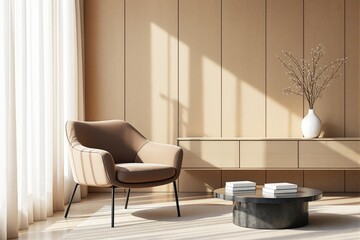 Aufkleber - Cozy beige armchair near modern round coffee table in sunlight-filled minimalist living space.