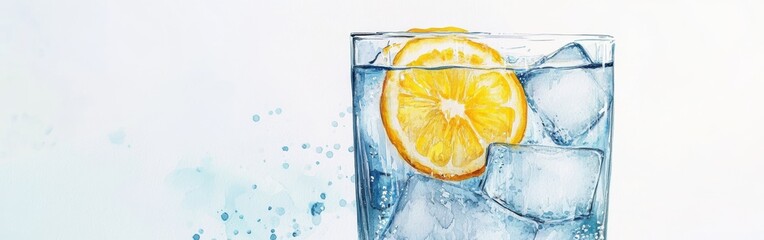 Poster - Close-up of a refreshing drink with lemon slices and ice in a watercolor setting