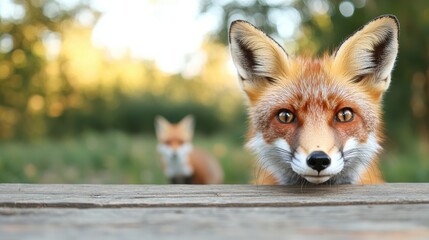Aufkleber - Curious red fox peeking over wooden table in forest