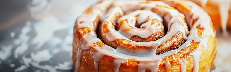 Poster - Cinnamon roll with creamy icing on a pastel watercolor background perfect for dessert lovers and food art enthusiasts