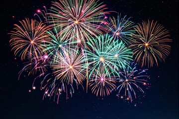 Aufkleber - Bright colorful fireworks exploding in the night sky with a dark background.