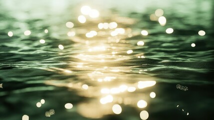 Poster - Bokeh lights reflecting on water creating a serene atmosphere with subtle moss green and muted beige hues