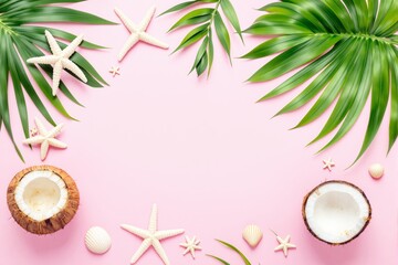 Poster - Tropical composition with coconuts, starfish, palm leaves, and seashells on pink background.