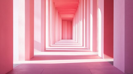 Fototapete - Soft pastel pink corridor with columns creating a serene and tranquil atmosphere at mid-afternoon