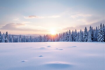 Poster - Snow-covered landscape with pine trees and sunset sky in winter season.