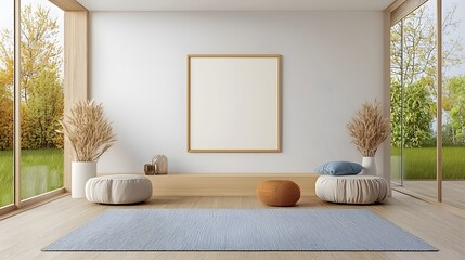 Fototapete - A 3D rendered poster frame mockup displayed on a stylish living room wall showcasing clean and modern decor elements such as natural light greenery and minimalist furnishings