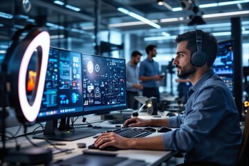 Aufkleber - Professional working on futuristic computer interface in modern office background.