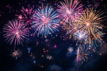 Aufkleber - Colorful fireworks bursting in the night sky, creating patterns of light and reflections of stars.
