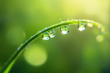 Poster - Close-up of dew droplets on a curved green leaf, reflecting vivid greenery.