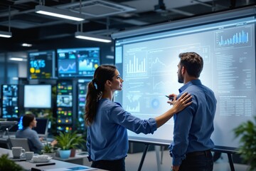 Aufkleber - Business professionals analyzing data on a large screen in a modern office environment.