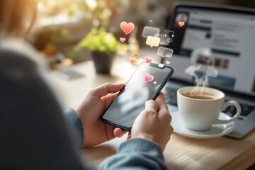 Poster - Social media interaction concept with smartphone and coffee.