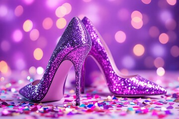 Poster - Sparkling pink high heels surrounded by colorful confetti on a purple bokeh background.