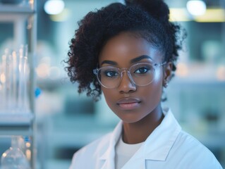 Fototapete - Portrait of a scientist working in a laboratory surrounded by glassware and equipment during a research project