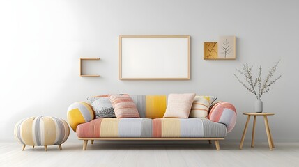Aufkleber - Chic and Contemporary Living Room Design Featuring a Vibrant Sofa Minimalist Wall Accents and a Frame Mockup in a Bright and Airy Space