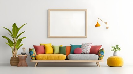 Aufkleber - 3D rendered mockup showcasing a modern living room design with a vibrant sofa colorful cushions and contemporary decor elements including a frame plants lamps and other accessories