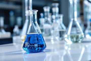Poster - Close-up of laboratory glassware with blue liquid on a glossy surface in a modern lab environment.