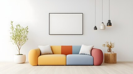 Poster - Vibrant and Elegant Minimalist Living Room Interior Design with Colorful Sofa and Minimalist Wall Art Frame  Cozy and Comfortable Contemporary Home Decor with Wooden Accents and Lush Greenery