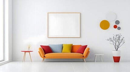 Aufkleber - Stylish and contemporary living room interior with a colorful sofa vibrant decor accents and a minimalist frame mockup showcasing a modern and inviting aesthetic