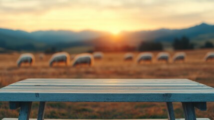 Poster - Empty table inviting to a relaxing moment in peaceful countryside with grazing sheep