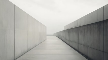 Poster - Exploring a minimalist pathway framed by gray walls on an overcast day in an urban setting