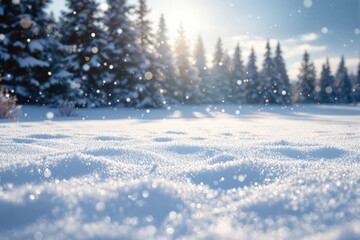 Poster - Winter snow-covered landscape with sunlight and snowflakes in focus.