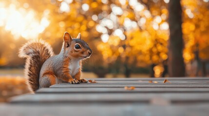 Poster - Curious squirrel resting on a wooden table in autumn forest
