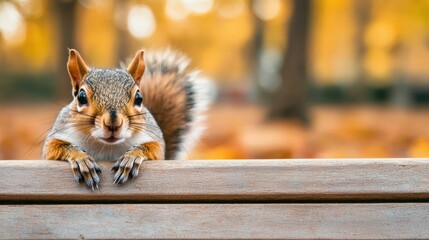 Aufkleber - Curious squirrel peeking over wooden bench in autumn park
