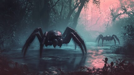 Wall Mural - Giant Spider in Dark Forest Swamp