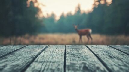 Poster - Empty wooden table with blurred forest background and deer grazing in soft morning light