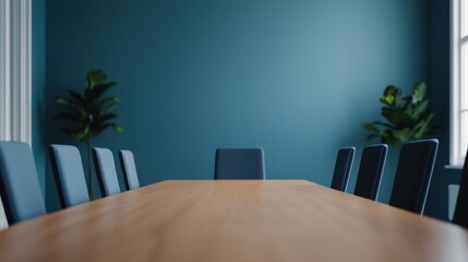 Poster - Empty boardroom table with chairs and plants, waiting for a business meeting