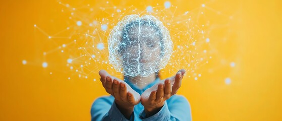 Poster - AI and technology concept with person in blue shirt holding holographic brain, surrounded by digital network on vibrant yellow background