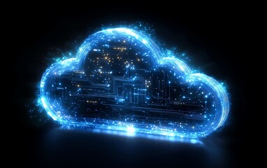 Poster - 3D visualization of cloud storage and data exchange concept, digital cloud symbol with circuit on dark blue abstract tech background, mockup with logo space