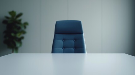 Poster - Empty boardroom table with comfortable blue chair suggesting upcoming meeting