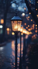 Aufkleber - Bokeh lights in deep navy and metallic silver illuminate a serene walkway at dusk with vintage lamp posts