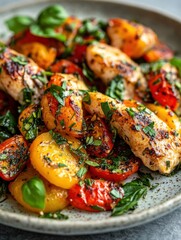 Aufkleber - Roasted vegetables with herbs served on a rustic plate at a home kitchen during a sunny afternoon gathering