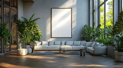 Aufkleber - Minimalist and Cozy Contemporary Living Room Interior Design with Sleek Poster Mockup Display on the Wall and Stylish Furniture 3D Rendered