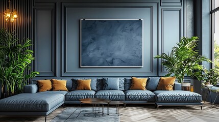 Aufkleber - Stylish and modern living room interior with sleek design and a framed poster mockup hanging on the wall featuring a cozy and comfortable home environment with minimalist decor and furnishings