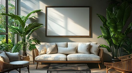 Aufkleber - Stylish and modern minimalist living room design with a framed art piece on the wall complemented by natural light lush tropical plants and sleek comfortable furniture