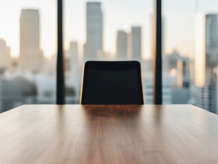 Poster - Empty chair in a meeting room overlooking a city skyline at sunset