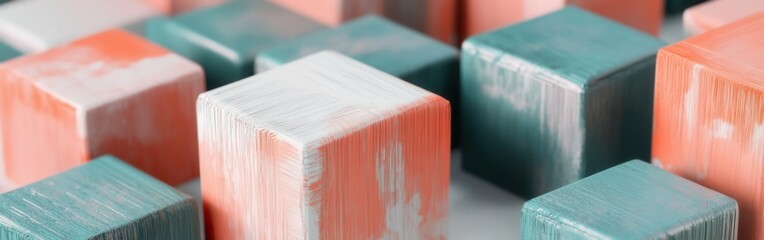 Aufkleber - Abstract pencil strokes create a vivid composition of colorful cubes in a contemporary art display featuring various shades of teal and coral