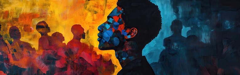 Aufkleber - Vibrant silhouette of a man surrounded by colorful figures against a dramatic backdrop