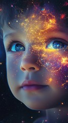 Poster - Child's face illuminated by cosmic light showing dreams and imagination in a vivid celestial scene