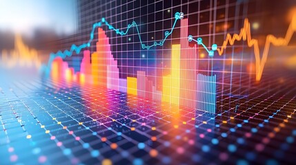 Fototapete - Stunning and modern data visualization with a creative combination of colorful line and bar charts overlaid on a delicate grid background providing a bright and dynamic display for financial business