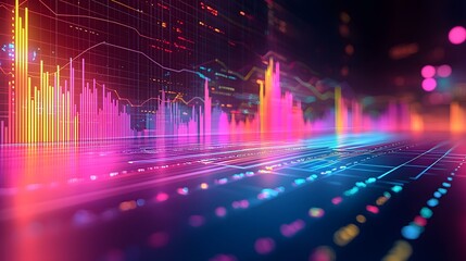 Fototapete - Captivating abstract data visualization with a dynamic arrangement of colorful line and bar charts set against a subtle grid layout for a fresh clean and futuristic aesthetic