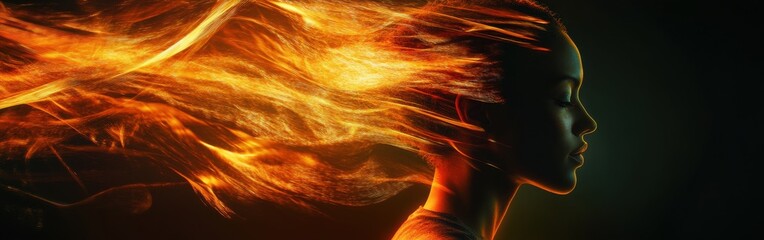 Leinwandbilder - Surreal visualization of a dancer's profile with flowing fiery elements in a dark atmosphere during a creative performance
